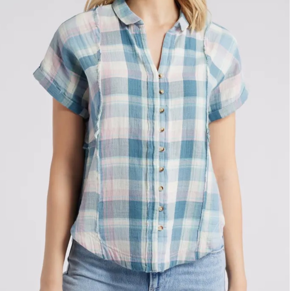 Lucky Brand Plaid Short Sleeve Cotton Button-Up Beach Shirt teal multi size M